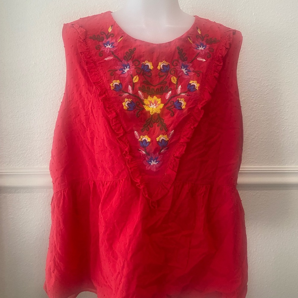 Time and Tru Bright Red Floral Embroidered Top